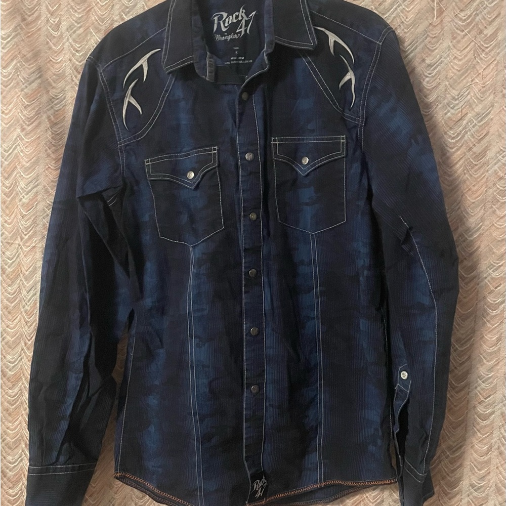 Wrangler Mens Navy Blue Western Button-Down Shirt
